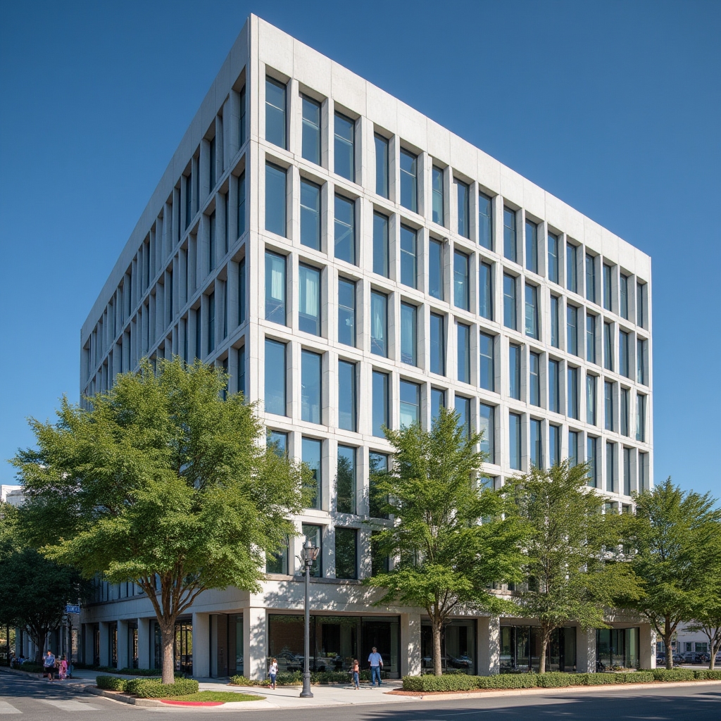 Modern office building exterior in Birmingham Alabama with clean architectural lines and greenery