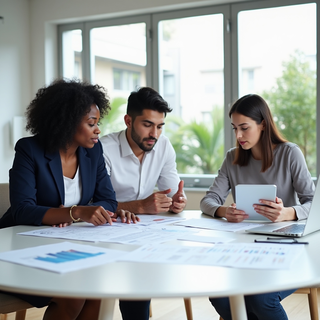 Editorial team reviewing sleep research documents at a bright modern workspace