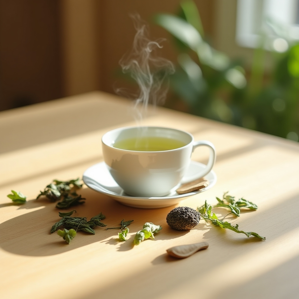 Close-up of green tea leaves and a ceramic cup in soft natural light on a clean wooden surface
