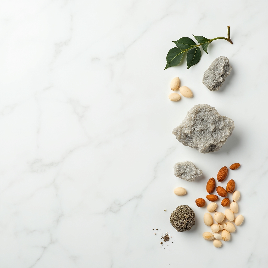 Clean minimalist flat lay of natural mineral sources associated with magnesium on white surface