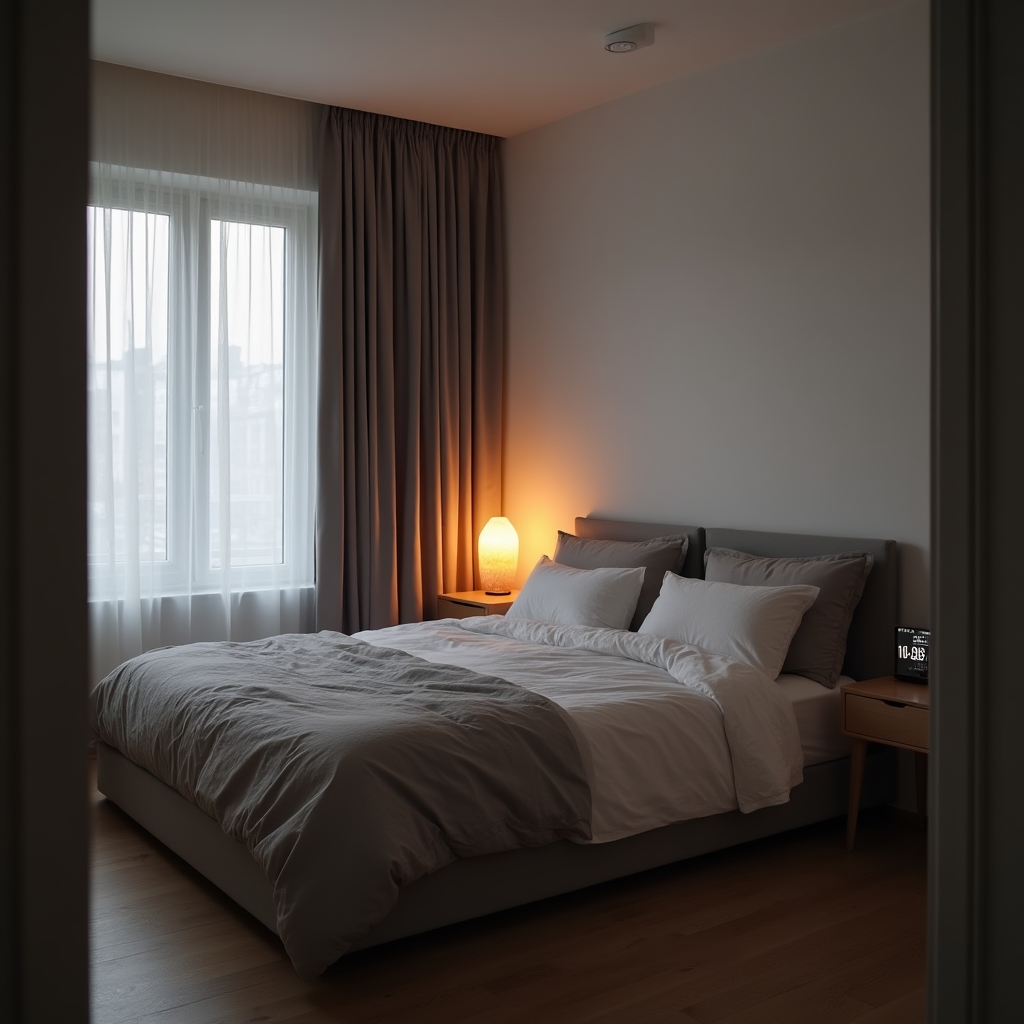 Calm, dark bedroom with minimal lighting showing ideal sleep environment setup